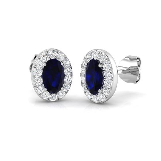 1.12ct SI2/G Oval cut Blue Sapphire Gemstone Earrings in 18k White Gold