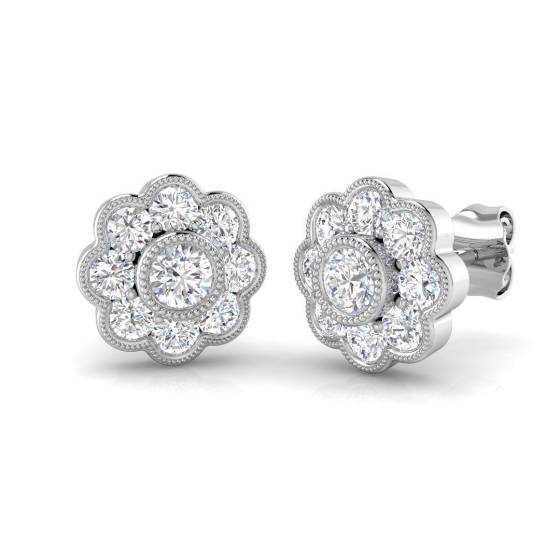 1.01ct I1/G Round cut Diamond Cluster Earrings in 9k White Gold