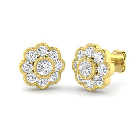 1.01ct I1/G Round cut Diamond Cluster Earrings in 9k Yellow Gold