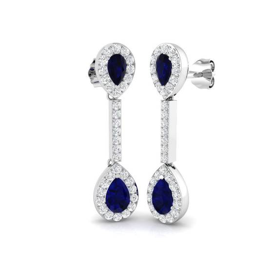 2.20ct SI2/G Pear cut Blue Sapphire Gemstone Earrings in 18k White Gold