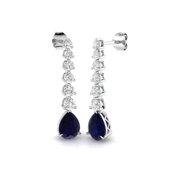 3.25ct SI2/G Pear cut Blue Sapphire Gemstone Earrings in 18k White Gold