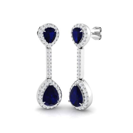 4.05ct SI2/G Pear cut Blue Sapphire Gemstone Earrings in 18k White Gold