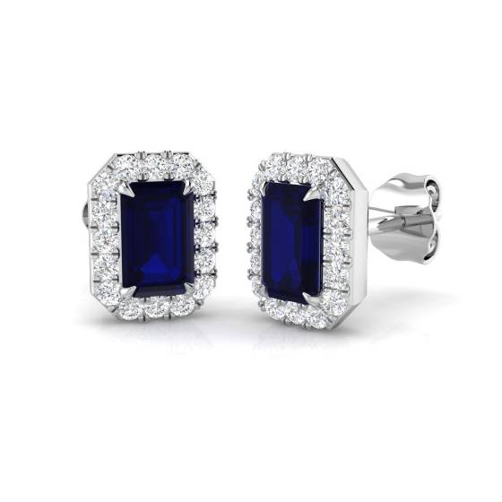 1.25ct SI2/G Emerald cut Blue Sapphire Gemstone Earrings in 18k White Gold