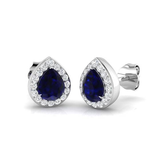 1.34ct SI2/G Pear cut Blue Sapphire Gemstone Earrings in 18k White Gold