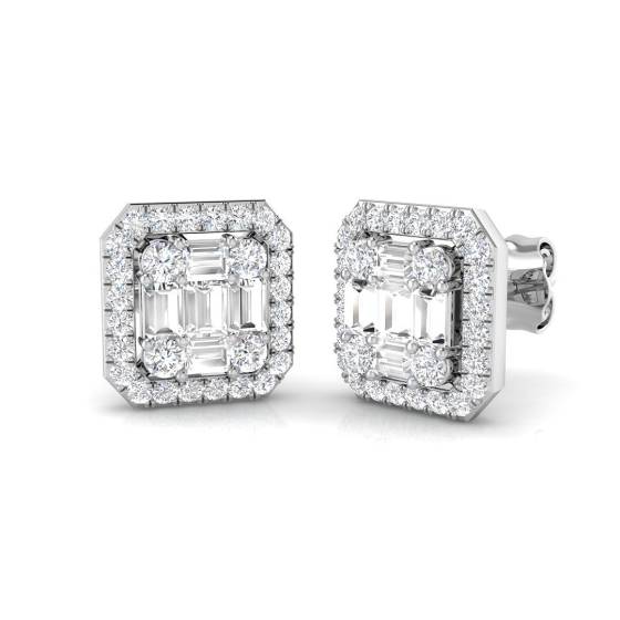 0.92ct SI2/G Round and Baguette cut Diamond Designer Earrings in 18k White Gold