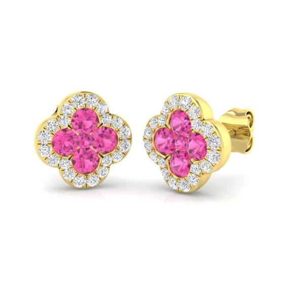 1.20ct SI2/G Round cut Pink Sapphire Gemstone Earrings in 18k Yellow Gold