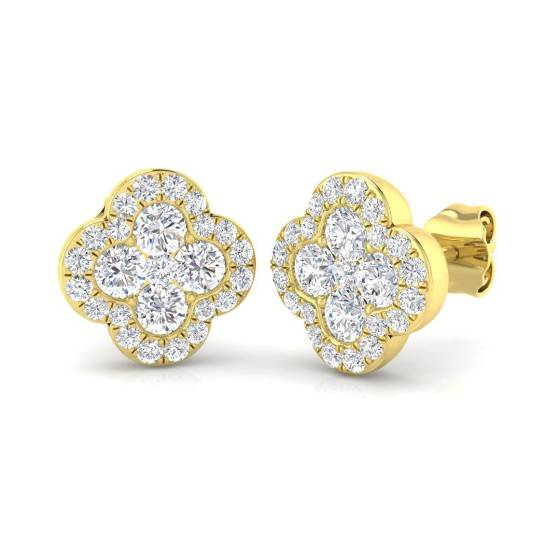 1.00ct SI2/G Round cut Diamond Cluster Earrings in 18k Yellow Gold