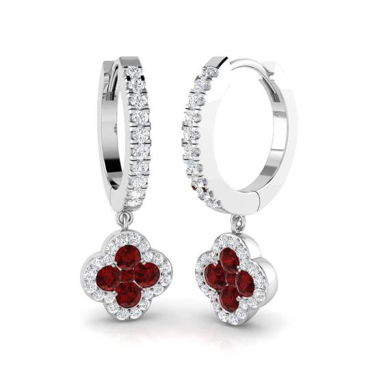 1.01ct SI2/G Round cut Ruby Gemstone Hoop Earrings in 18k White Gold