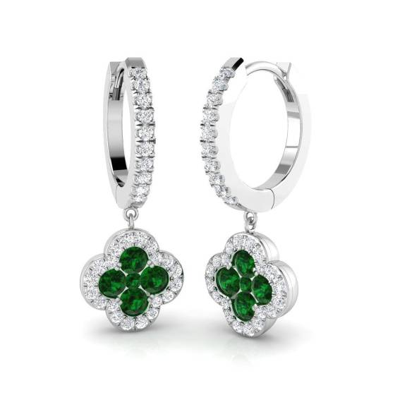 1.10ct SI2/G Round cut Green Emerald Gemstone Hoop Earrings in 18k White Gold