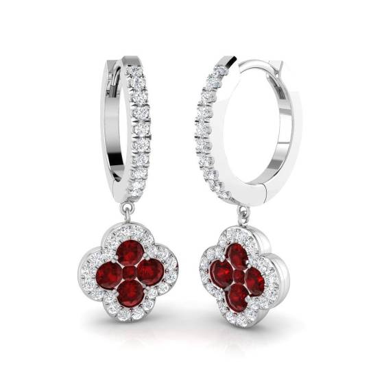 1.24ct SI2/G Round cut Ruby Gemstone Hoop Earrings in 18k White Gold