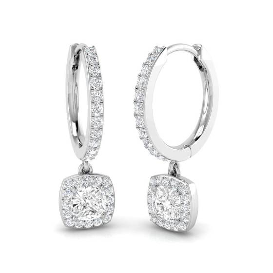 0.89ct SI2/G Cushion cut Diamond Drop Earrings in 18k White Gold