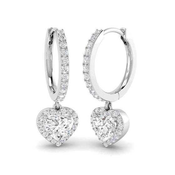 0.97ct SI2/G Heart cut Diamond Drop Earrings in 18k White Gold