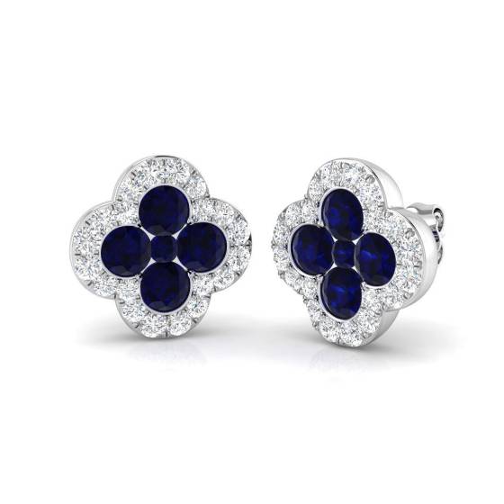 2.91ct SI2/G Round cut Blue Sapphire Gemstone Earrings in 18k White Gold