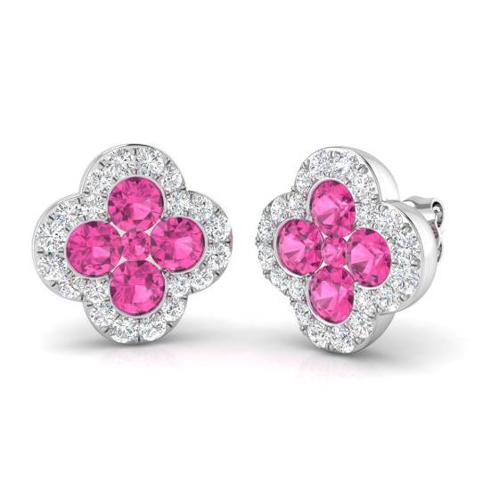 2.67ct SI2/G Round cut Pink Sapphire Gemstone Earrings in 18k White Gold