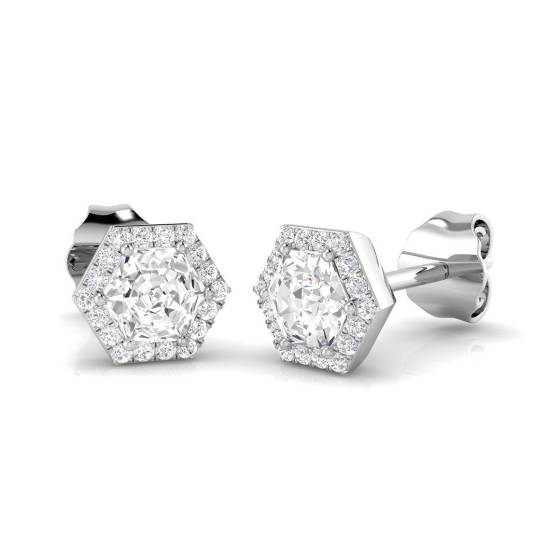 0.48ct SI1/G Hexagon cut Diamond Halo Earrings in 18k White Gold