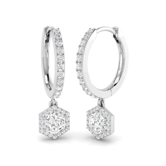 0.63ct SI1/G Hexagon cut Diamond Drop Earrings in 18k White Gold