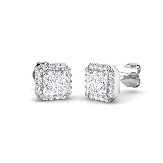 1.11ct SI1/E Princess cut Diamond Halo Earrings in 18k White Gold