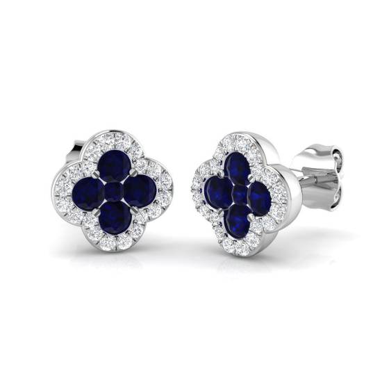 0.75ct I1/G Round cut Blue Sapphire Gemstone Earrings in 9k White Gold