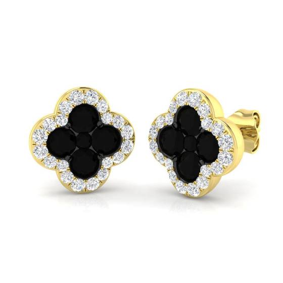 1.83ct SI2/G Round cut Black Diamond Cluster Earrings in 18k Yellow Gold