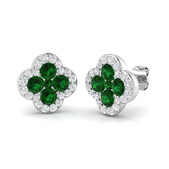 1.40ct / Round cut Green Emerald Gemstone Earrings in 18k White Gold