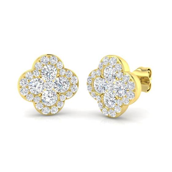 1.60ct SI2/G Round cut Diamond Cluster Earrings in 18k Yellow Gold