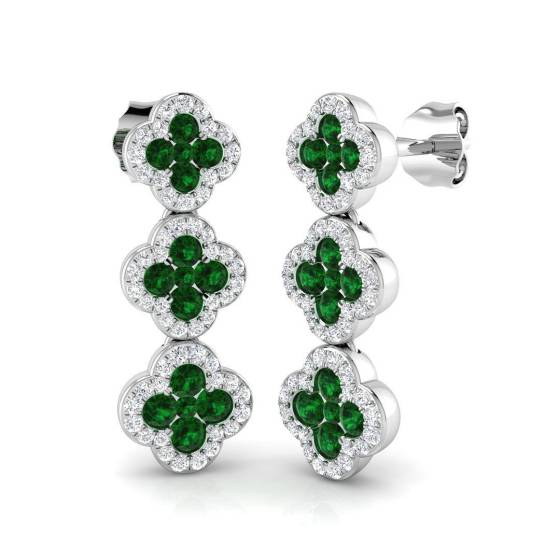 1.13ct SI2/G Round cut Green Emerald Gemstone Earrings in 18k White Gold