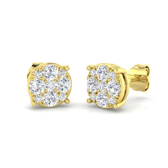 0.70ct I1/G Round cut Diamond Cluster Earrings in 9k Yellow Gold