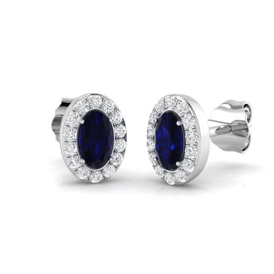 0.82ct SI2/G Oval cut Blue Sapphire Gemstone Earrings in 18k White Gold