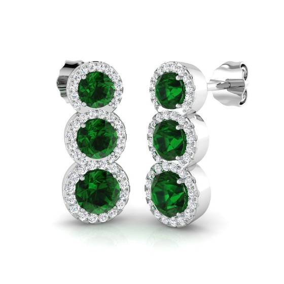 1.72ct SI2/G Round cut Green Emerald Gemstone Earrings in 18k White Gold