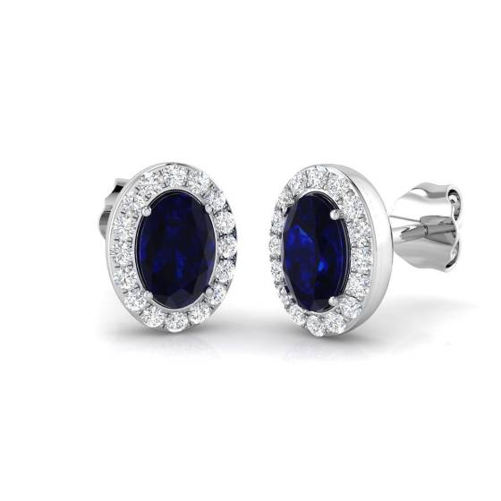 1.53ct SI2/G Oval cut Blue Sapphire Gemstone Earrings in 18k White Gold