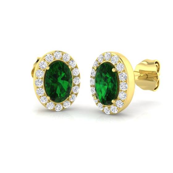 0.89ct SI2/G Oval cut Green Emerald Gemstone Earrings in 18k Yellow Gold