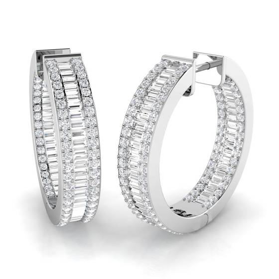 2.64ct SI2/G Baguette cut Diamond Hoop Earrings in 18k White Gold