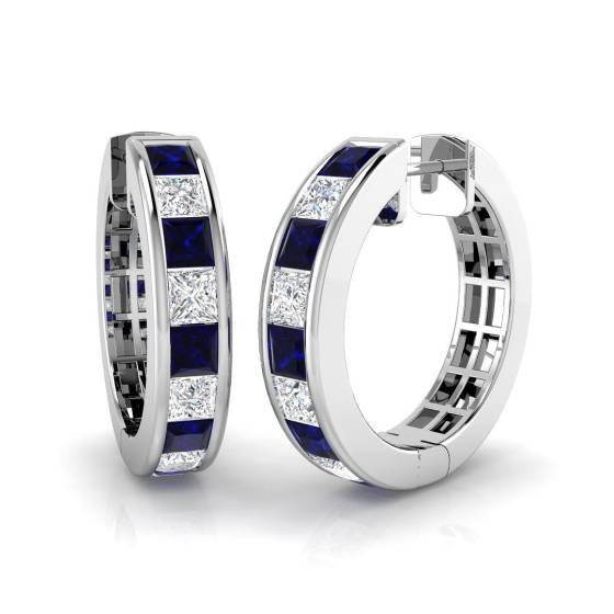 2.89ct SI1/G Princess cut Blue Sapphire Gemstone Earrings in 18k White Gold