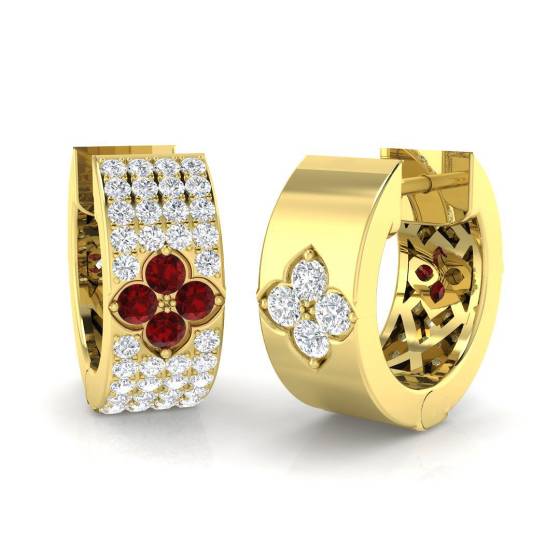 0.71ct SI2/G Round cut Ruby Gemstone Hoop Earrings in 18k Yellow Gold