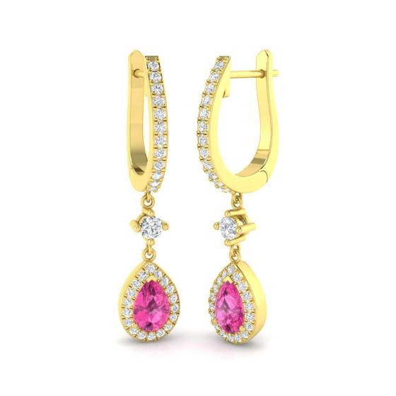 1.26ct SI2/G Pear cut Pink Sapphire Gemstone Earrings in 18k Yellow Gold