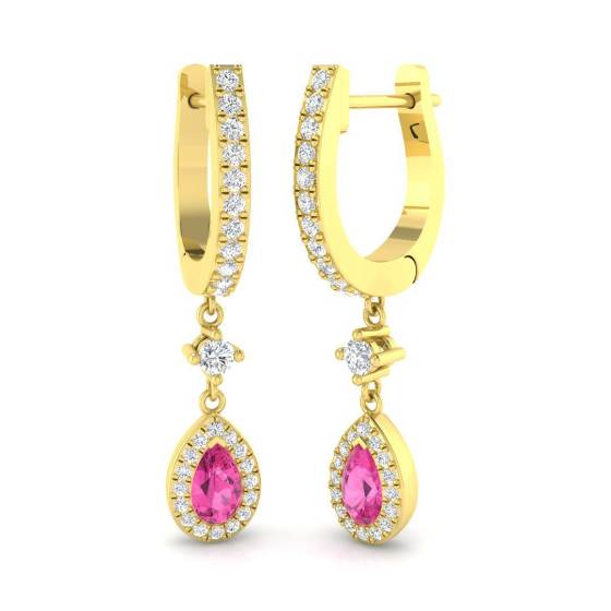 0.85ct SI2/G Pear cut Pink Sapphire Gemstone Earrings in 18k Yellow Gold