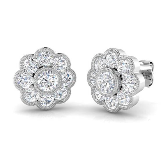 1.57ct SI2/G Round cut Diamond Cluster Earrings in 18k White Gold