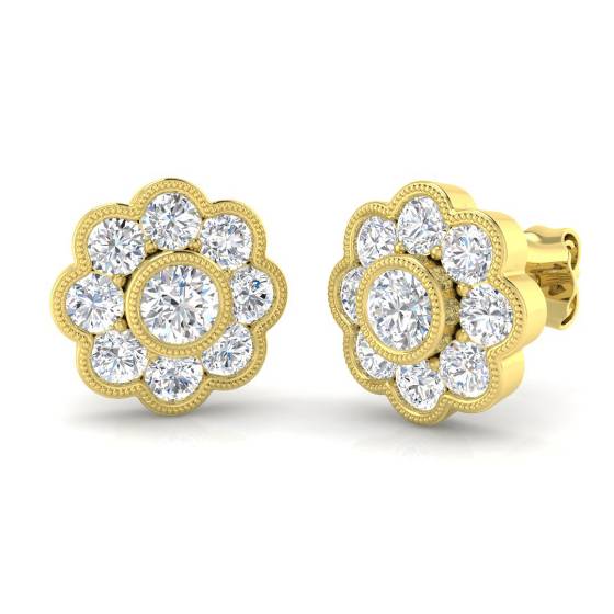 1.57ct SI2/G Round cut Diamond Cluster Earrings in 18k Yellow Gold