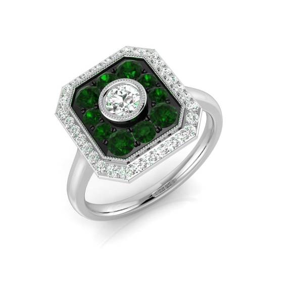 0.90ct SI1/G Round cut Green Emerald Gemstone Ring in 18k White Gold