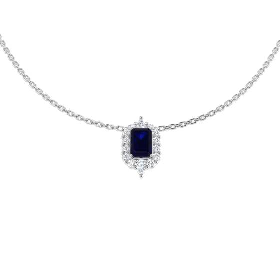 1.09ct SI2/G Emerald cut Blue Sapphire Gemstone Necklace in 18k White Gold