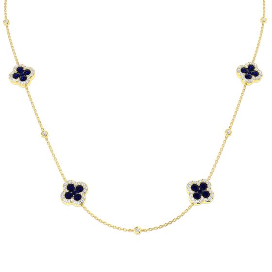 4.34ct SI2/G Round cut Blue Sapphire Gemstone Necklace in 18k Yellow Gold