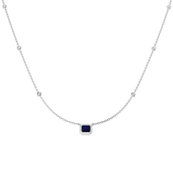 0.67ct SI2/G Emerald cut Blue Sapphire Gemstone Necklace in 18k White Gold