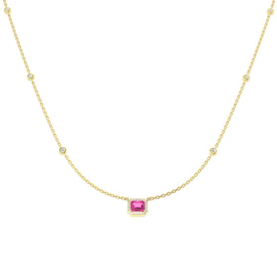 0.75ct SI2/G Emerald cut Pink Sapphire Gemstone Necklace in 18k Yellow Gold