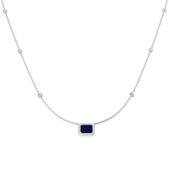 1.31ct SI2/G Emerald cut Blue Sapphire Gemstone Necklace in 18k White Gold