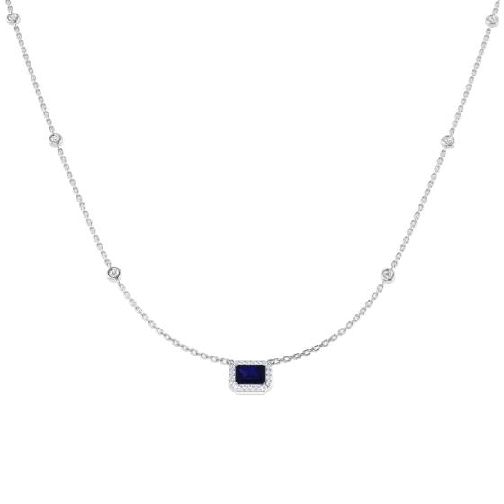 0.91ct SI2/G Emerald cut Blue Sapphire Gemstone Necklace in 18k White Gold