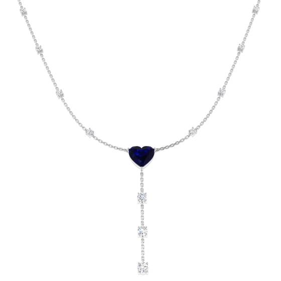 3.45ct SI1/G Heart cut Blue Sapphire Gemstone Necklace in 18k White Gold