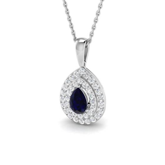 0.93ct SI2/G Pear cut Blue Sapphire Gemstone Pendant in 18k White Gold