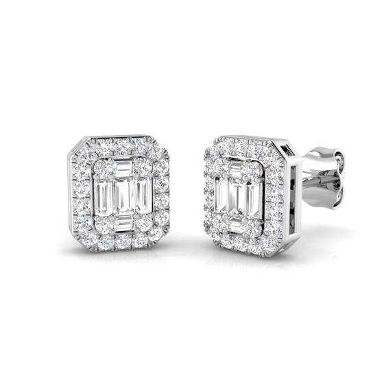 0.56ct SI2/G Round and Baguette cut Diamond Designer Earrings in 18k White Gold