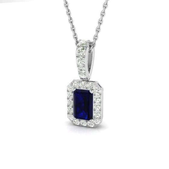 0.90ct SI2/G Emerald cut Blue Sapphire Gemstone Pendant in 18k White Gold