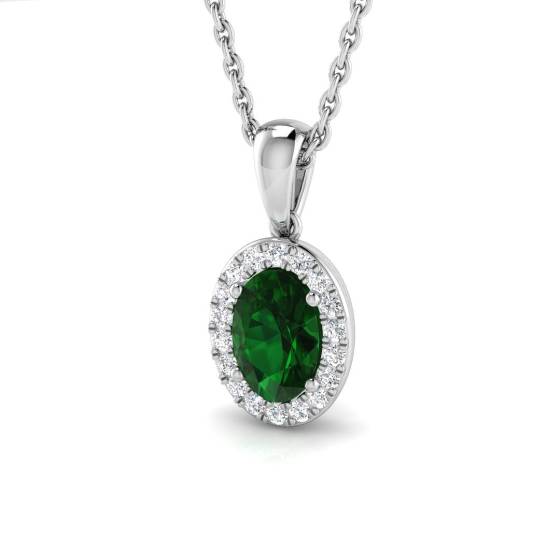 0.49ct SI2/G Oval cut Green Emerald Gemstone Pendant in 18k White Gold